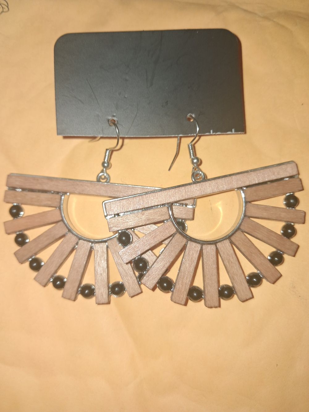 Wooden Fan Drop Earrings with Black Bead Accents - Women Jewelry